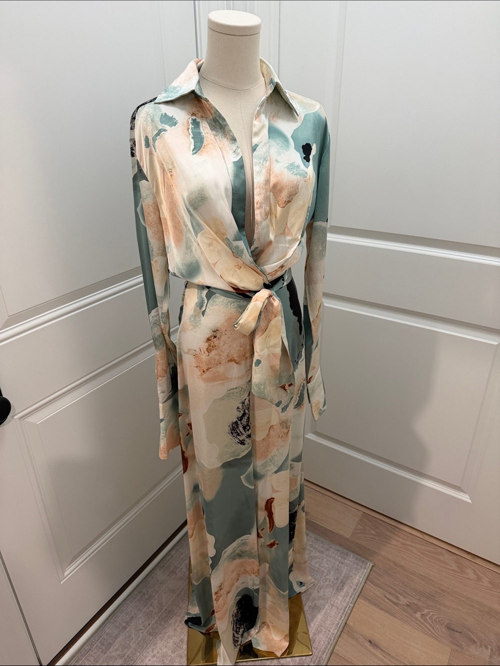 Fashion Nova Sage & Cream Abstract Wrap Jumpsuit